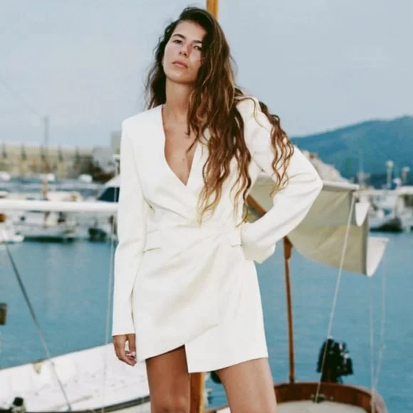 ZARA NEW WOMAN ASYMMETRIC DRAPED SATIN EFFECT BLAZER DRESS WHITE 2702/451  XS S